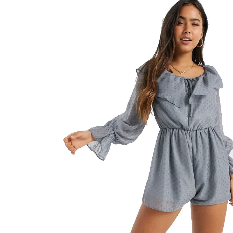 Women's Ruffled Mesh Open Back Playsuit,Grey