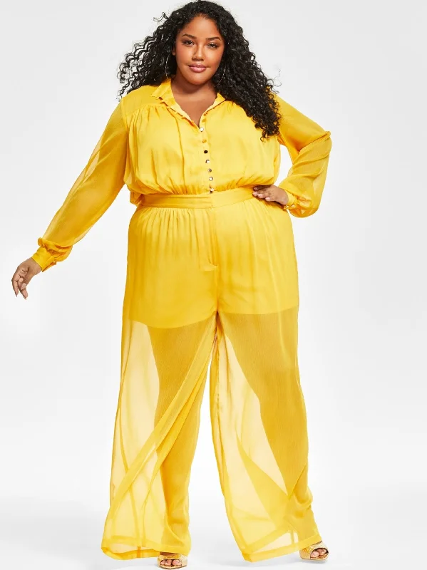 Women's Button Front Mesh Jumpsuit,Yellow