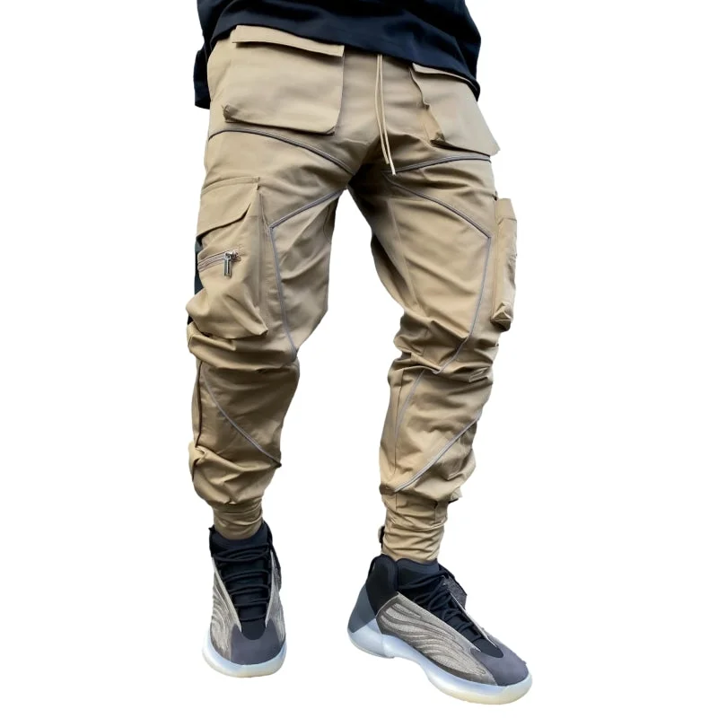 Reflective Line Cargo Pants-Khaki