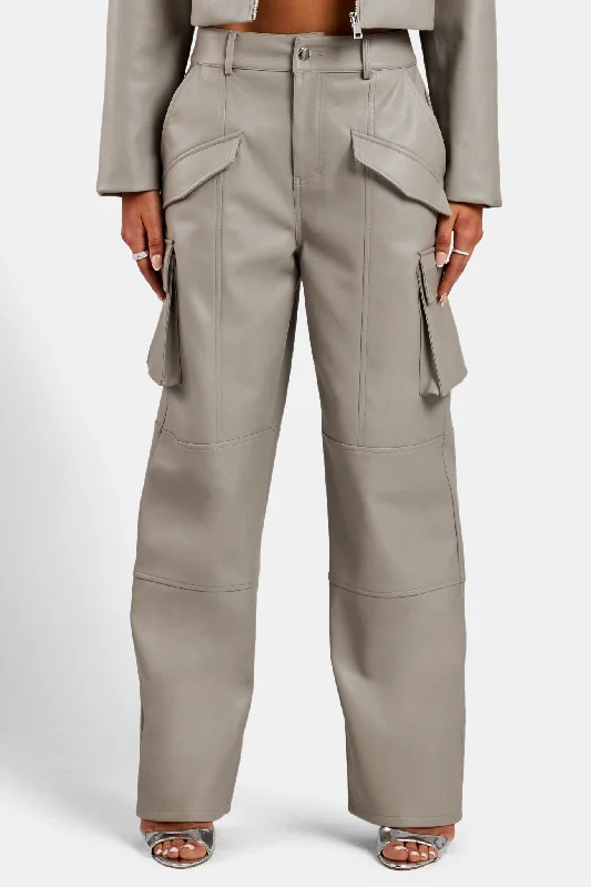 Wide Leg Faux Leather Cargo Trouser - Beige