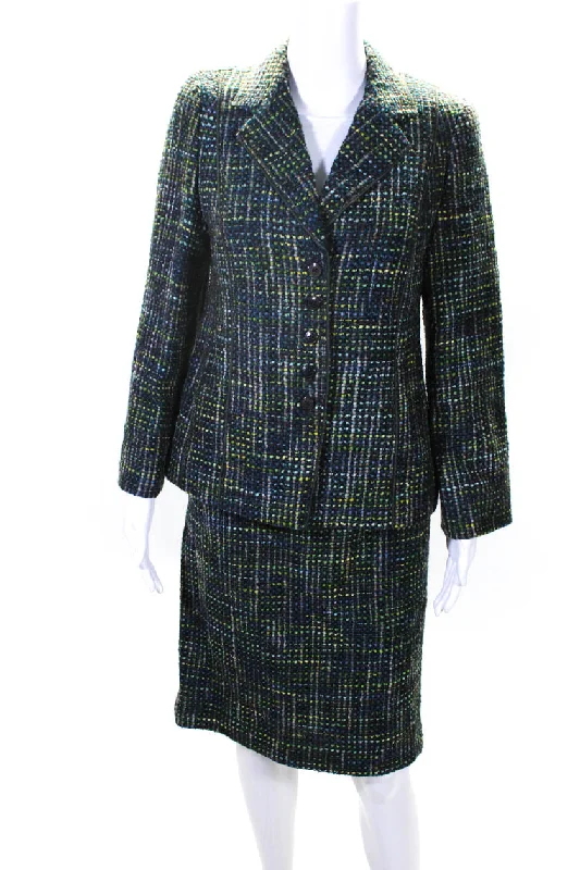 Feraud Womens Five Button Notched Lapel Tweed Skirt Suit Green