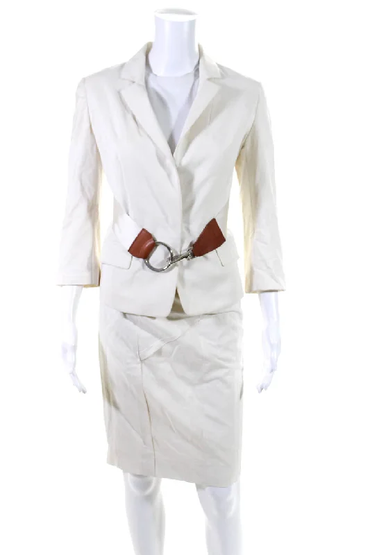 KaufmanFranco Womens Hook Front Notched Lapel Skirt Suit White Cotton