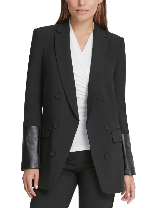 Petites Womens Faux Leather Trim Special Evening Double-Breasted Blazer