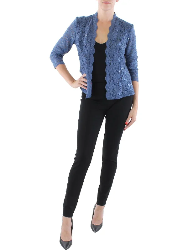 Womens Lace Open Front Collarless Blazer