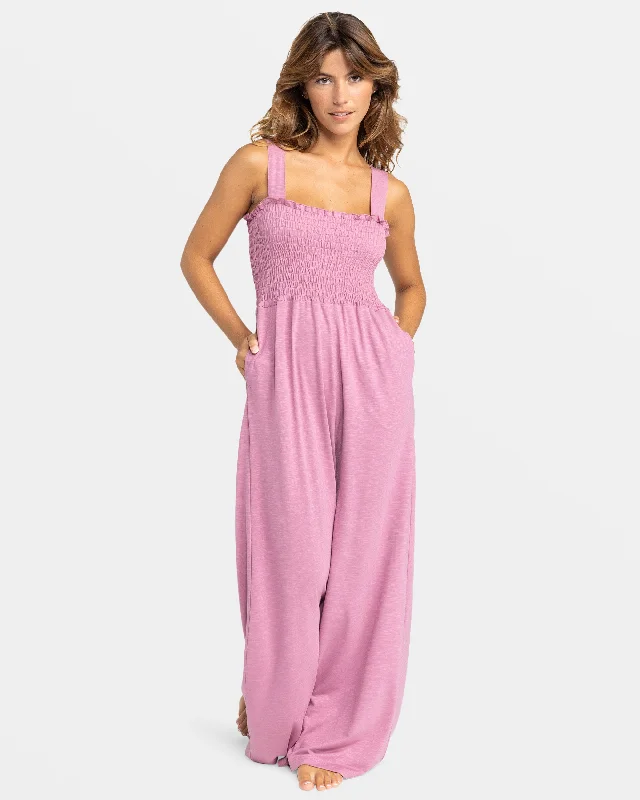 Just Passing By Smocked Jumpsuit - Mauve Orchid