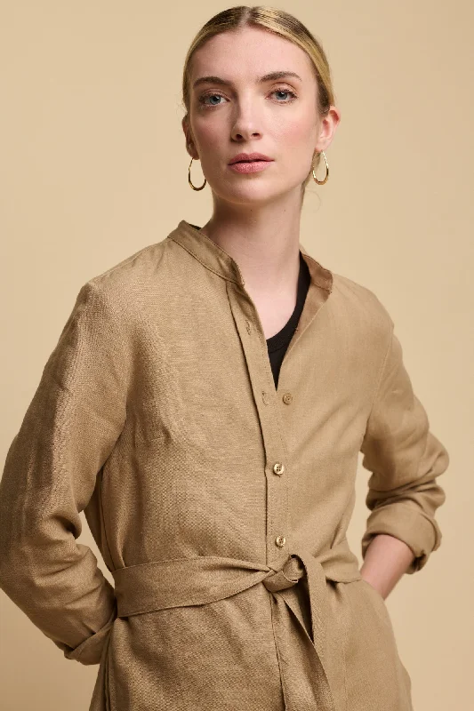 Women's Collarless Shirt Dress - Truffle Linen